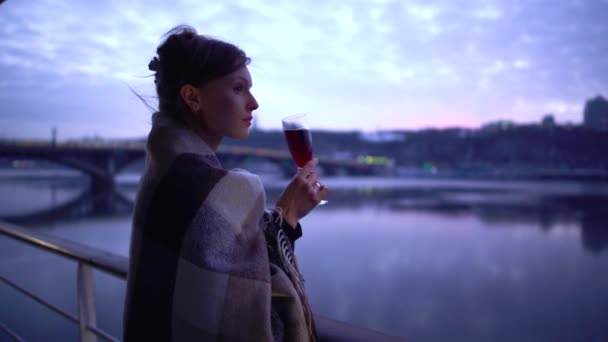 Eenzame Vrouw Tapijt Bij Rivier Drinkt Alcohol Uit Champagneglas Roze — Stockvideo