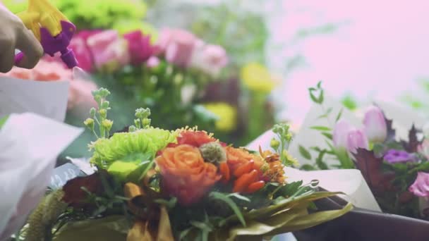 Vrouwelijke Hand Besprenkelt Bloemen Met Behulp Van Spray Fles Hand — Stockvideo