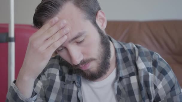 Close Portrait Bearded Pensive Young Man Plaid Shirt Video — Wideo stockowe