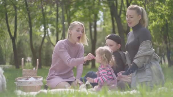 子供たちと一緒に2人の若い母親が春の日に緑の素晴らしい公園の毛布の上に座っています お母さんと息子 お母さんと娘はピクニックに行きます 白いふわふわの犬が横になっている 家族間の友情の概念 — ストック動画