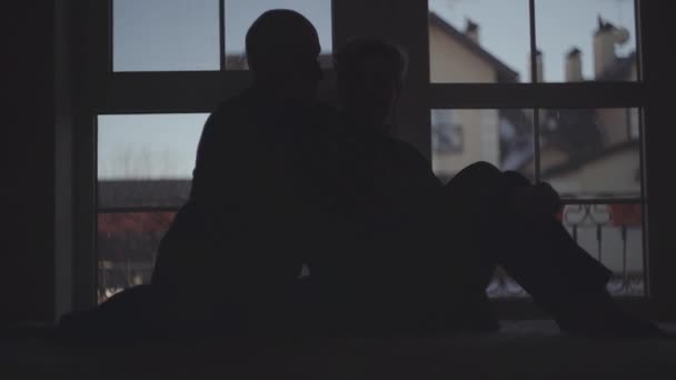 Silhouet Van Een Ouder Stel Duisternis Vrouw Man Knuffelen Strelen — Stockvideo