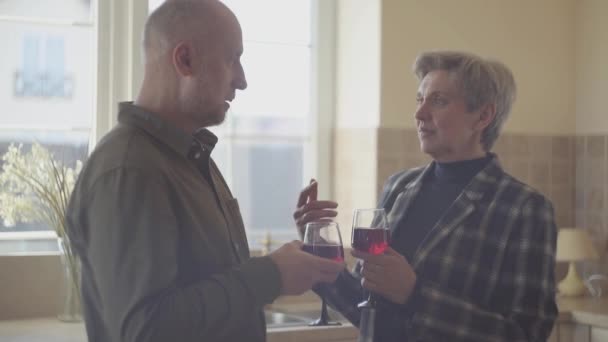 Şarap Kadehleri Olan Yaşlı Bir Çift Mutfaktaki Geniş Pencerenin Yanında — Stok video