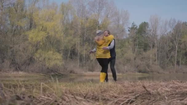 Blond Woman Running Bearded Handsome Man Jump His Hugs Amazing — Stock Video