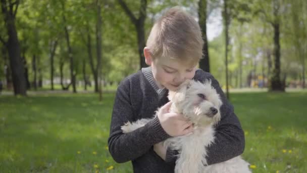 Młody Blond Chłopiec Trzyma Biały Puszysty Pies Pięknym Zielonym Parku — Wideo stockowe
