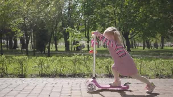 Niña Divertida Vestido Rosa Montando Una Moto Parque Cámara Siguiendo — Vídeo de stock