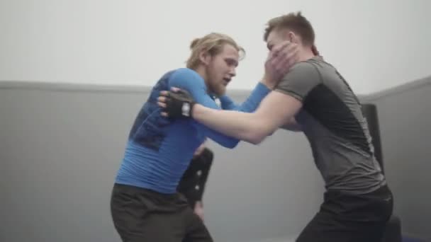 Spor Salonunda Güreşen Atletik Adamlar Yakın Mesafede Dövüşçü Birbirini Yakalamaya — Stok video