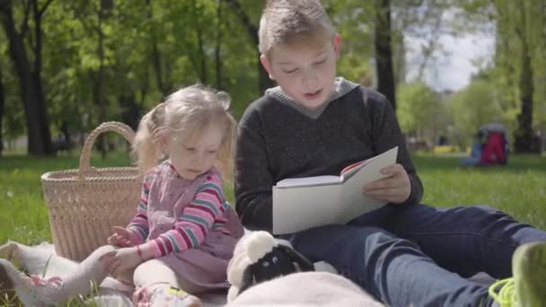 公園の毛布の上に座っている10代のブロンドの少年は 近くに座っているピンクのドレスの妹に本を読んでいます 少女は物語に興味がない 彼女は遊びたい ピクニックの子供たち — ストック動画