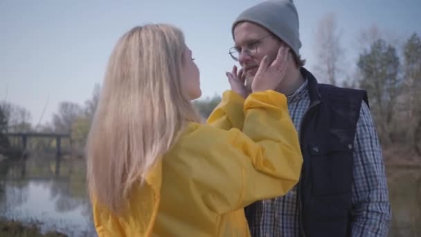 Stylish Couple River Forest Blond Woman Stroke Mans Beard Man — Stock Video