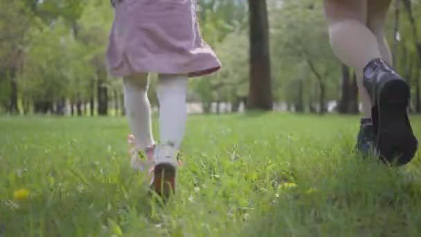 一位年轻母亲和一个小女孩的腿紧握着手 在公园的绿草上跑着 积极健康的生活方式 与自然的联系 无忧无虑的童年 — 图库视频影像