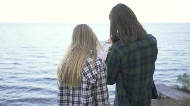 Back View Caucasian Couple Plaid Hipster Shirts Staying Autumn Seashore — Stock Video