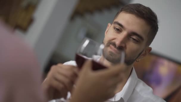 Bonito Jovem Caucasiano Sua Esposa Bebendo Vinho Tinto Sentado Casa — Vídeo de Stock