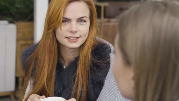 Twee Glimlachende Blanke Vriendinnen Bedekt Met Dekens Zittend Het Café — Stockvideo