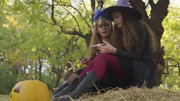 两个穿着万圣节服装的漂亮的高加索女孩坐在秋天的森林里 用平板电脑从侧面观看 — 图库视频影像