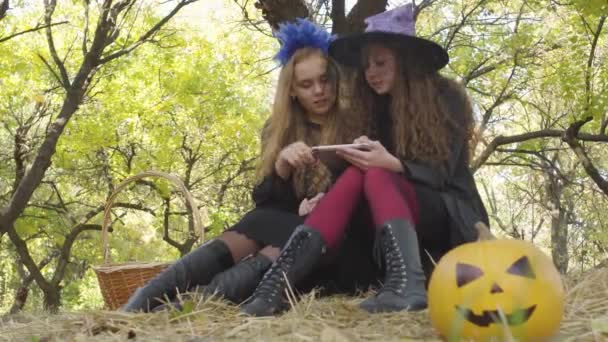 Ritratto Due Ragazze Caucasiche Costumi Halloween Sedute Nella Foresta Autunnale — Video Stock