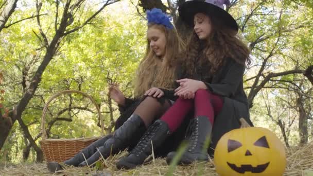 两个穿着万圣节服装的漂亮的高加索女孩坐在秋天的森林里聊天 朋友们旁边放着黄色的南瓜和稻草篮 — 图库视频影像