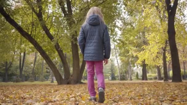 Visão traseira de uma adolescente caucasiana andando no parque de outono, voltando e olhando para a câmera. Adolescente bonito em óculos, calças rosa e casaco azul quente passar fins de semana ao ar livre . — Vídeo de Stock