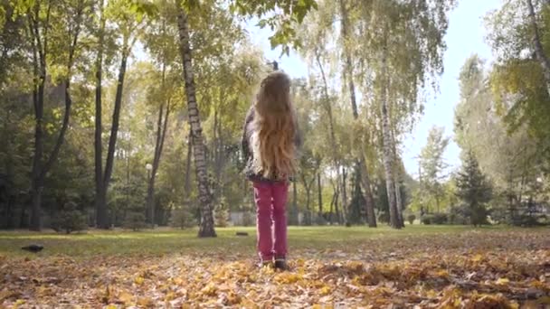 年轻的白人少女摇着她长长的金发卷曲的头发 转向摄像机 在秋天的公园或森林里 戴着眼镜 有闲暇时间的漂亮孩子 — 图库视频影像