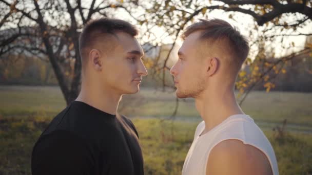 Close Two Caucasian Sportsmen Looking Each Other Sunlight Serious Adult — Stock Video