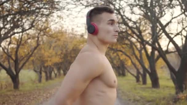 Side View Adult Caucasian Bodybuilder Naked Torso Warming Autumn Park — ストック動画