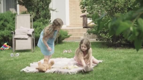İki neşeli kız el ele tutuşup battaniyenin üzerinde zıplamaya başlıyor. Yaz pikniğinde eğlenen mutlu tek yumurta ikizlerinin geniş açılı portresi. Yaşam tarzı, neşe, çocukluk, eğlence. — Stok video