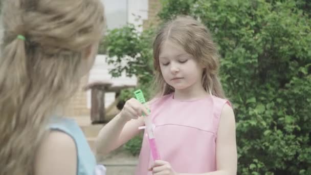 Inquadratura di mezzo di bella ragazza caucasica che soffia bolle di sapone a sorella gemella all'aperto. Ritratto di allegro bambino bruna divertirsi con il fratello il giorno d'estate. Infanzia, gioia, svago. — Video Stock