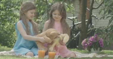 Güzel ikiz kardeşler dışarıda oyuncak ayı ve oyuncak tavşanla oynuyorlar. Güneşli yaz gününde dinlenen ve gülümseyen beyaz kızların portresi. Eğlence, eğlence, çocukluk. Sinema 4k ProRes Merkezi.