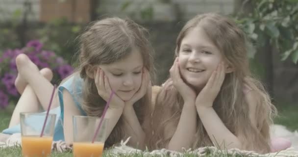 Morena de ojos grises chica caucásica susurrando en el oído hermanas gemelas y riendo. Retrato de hermanos idénticos acostados en una manta al aire libre compartiendo secretos. Infancia, confianza, ocio. Sede del cine 4k ProRes — Vídeos de Stock