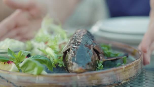 Hembra de manos caucásicas mostrando pescado de esturión frito al horno en la cámara. Primer plano de delicioso plato en el lujoso restaurante. Industria alimentaria, culinaria, cocina . — Vídeo de stock