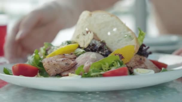 Närbild av tallrik med läckert kött och grönsaker. Oigenkännlig kaukasiska händer vända skålen gjord av kyckling, tomat, sallad och bröd. Restaurangverksamhet, livsmedelsindustri. — Stockvideo