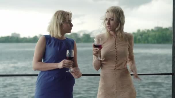 Foto del medio de hermosas mujeres caucásicas de pie con gafas de vino en la orilla del río y hablando. Retrato de señoras rubias encantadoras confiadas charlando en la cafetería al aire libre en el día de verano tormentoso . — Vídeo de stock