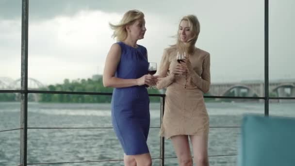 Duas mulheres elegantes bebendo vinho tinto em pé no café ao ar livre antes de trovoada. Retrato de amigas felizes positivas descansando no restaurante com bebida. Estilo de vida, lazer, felicidade . — Vídeo de Stock