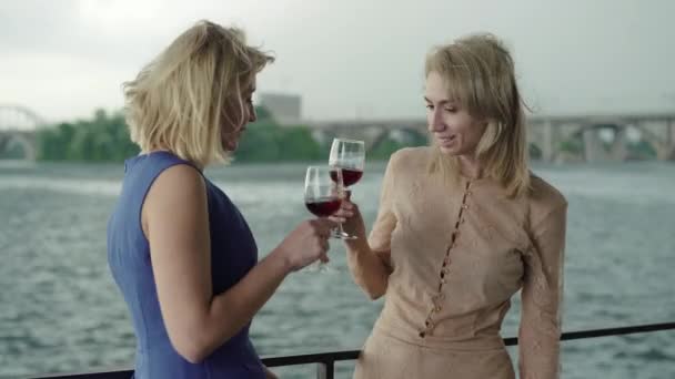 Primer plano de las mujeres sonrientes felices que tintinean las copas de vino y la bebida. Retrato de damas caucásicas descansando con vino tinto en el ventoso día de verano en el restaurante al aire libre. Ocio, alegría . — Vídeos de Stock