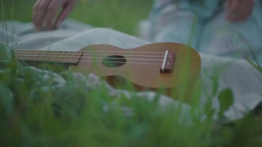 Yazlık parktaki yeşil çayır üzerinde duran müzik aletinin yakın çekimi. Tanımlanamayan beyaz kadın ukulele alıp gidiyor. Yaşam tarzı ve hobi kavramı.