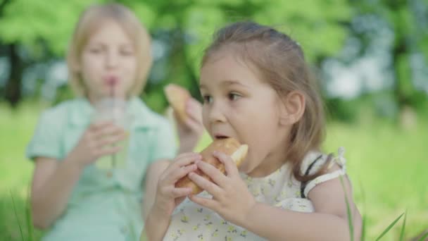 Schattig meisje dat croissant eet als wazige jongen die haar sap uitrekt om te drinken. Portret van een mooie blanke zus en broer die het zomerweekend samen doorbrengen op groene zonnige weide. — Stockvideo