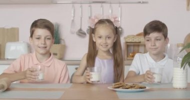 Beyaz süt içip kameraya gülümseyen tatlı beyaz ikiz erkek ve kız çocukları. Evde kahvaltıdan zevk alan mutlu çocukların portresi. Çocuklar sabahları evde poz veriyor..