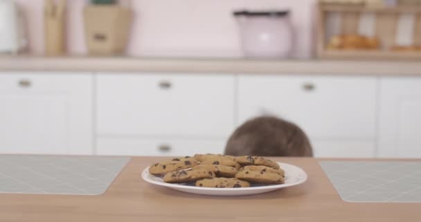 Niño caucásico asomándose de la mesa, mirando a su alrededor, tomando una galleta y huyendo de la cocina. Retrato de niño lindo robando dulce sabrosa galleta malsana y dejando . — Vídeo de stock