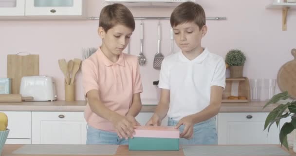 Lindos hermanos gemelos caucásicos abriendo caja de regalo brillante y mostrando gesto de silencio en la cámara. Retrato de chicos emocionados sorprendidos recibiendo regalo milagroso. Misterio de la infancia . — Vídeo de stock