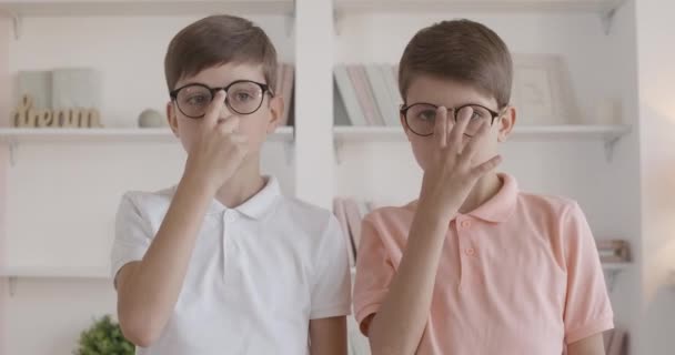 Twin brothers adjusting eyeglasses and crossing hands. Portrait of little Caucasian children posing at home. Smart kids looking at camera with serious facial expression. — Stock Video