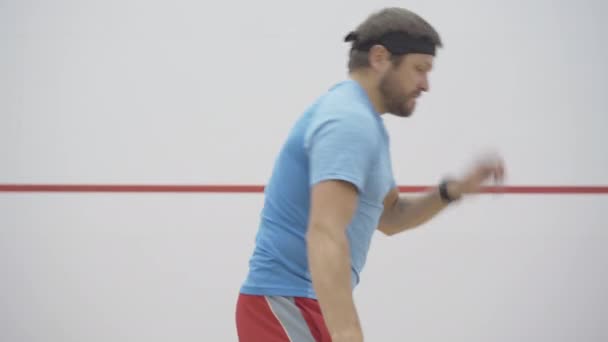 Ung positiv tränare visar tummen upp till idrottsman spelar squash i gymmet. Porträtt av koncentrerad mellanvuxen skäggig man som övar racket och bollspel inomhus med personlig tränare. — Stockvideo