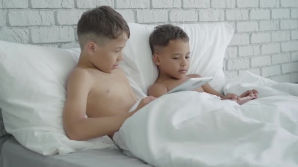 Joyeux garçons afro-américains couchés dans le lit et les jeux en ligne. Portrait de deux frères joyeux jouant à des jeux sans fil le soir à la maison. Heureux frères et sœurs reposant dans la chambre à coucher à l'heure du coucher. — Video