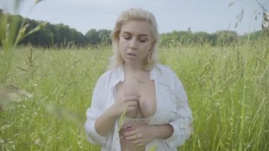 Dantelli sutyen ve beyaz gömlekli seksi şişman kadın portresi yaz günü dışarıda poz veriyor. Baştan çıkarıcı artı boyut modeli çimenle vücuda dokunuyor ve kameraya bakıyor. Flört konsepti.