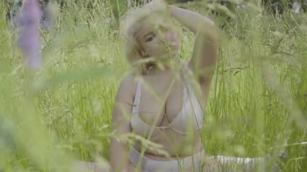 Femme en surpoids positive avec les cheveux blonds teints assis dans l'herbe haute et en mouvement. Portrait de dame caucasienne dodue confiante en sous-vêtements en dentelle blanche posant sur la prairie d'été. — Video