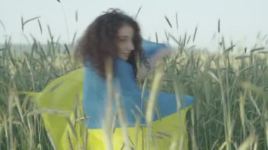 Ukraynalı mutlu bir kadının bayrağa sarılıp kameraya dönüp gülümsemesi. Güneşli yaz çavdar tarlasında poz veren güzel kıvırcık saçlı kadının portresi..