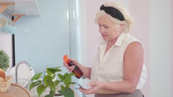 Seitenansicht einer glücklichen Seniorin, die zu Hause Wasser auf grüne Pflanzen sprüht. Nahaufnahme Porträt eines entspannten kaukasischen Rentners, der seine Rente genießt. Altern und Hauswirtschaft. — Stockvideo