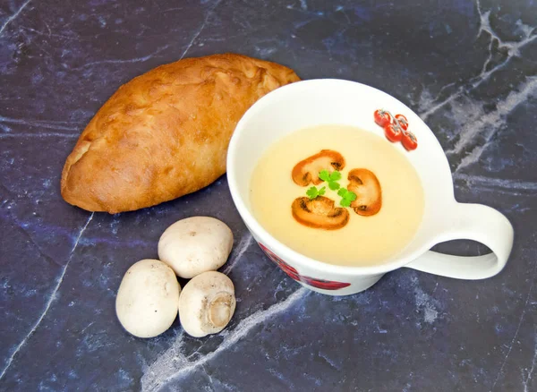 Mushroom cream soup close-up. Tasty winter vegetarian food. — Stock Image Mushroom Cream Soup Close Tasty Winter Vegetarian Food Royalty Free Stock Images