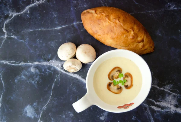Mushroom cream soup close-up. Tasty winter vegetarian food. — Stock Image Mushroom Cream Soup Close Tasty Winter Vegetarian Food Stock Picture