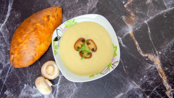 Mushroom cream soup close-up. Tasty winter vegetarian food. — Stock Image Mushroom Cream Soup Close Tasty Winter Vegetarian Food Royalty Free Stock Photos