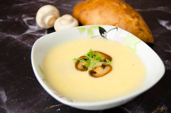 Mushroom cream soup close-up. Tasty winter vegetarian food. — Stock Image Mushroom Cream Soup Close Tasty Winter Vegetarian Food Stock Image