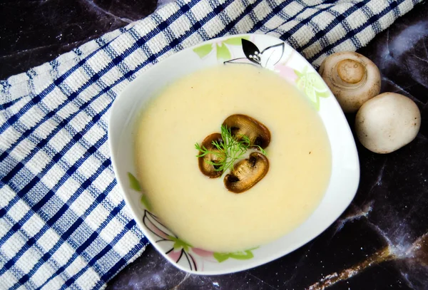 Mushroom cream soup close-up. Tasty winter vegetarian food. — Stock Image Mushroom Cream Soup Close Tasty Winter Vegetarian Food Stock Photo