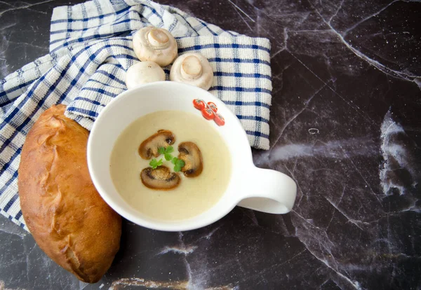 Mushroom cream soup close-up. Tasty winter vegetarian food. — Stock Image Mushroom Cream Soup Close Tasty Winter Vegetarian Food Royalty Free Stock Images